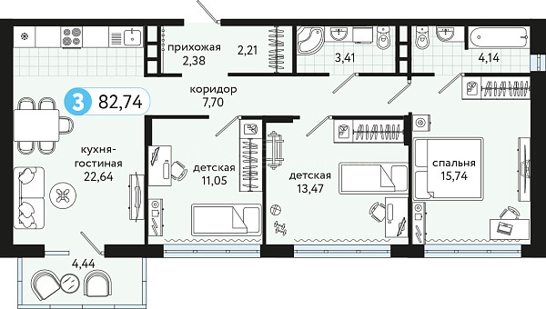 3-к квартира в новостройке, 82 кв.м., улица Сергея Джанбровского, 19