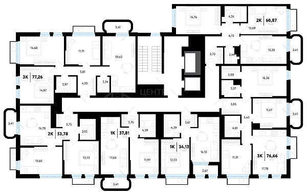 2-к квартира в новостройке, 53 кв.м.