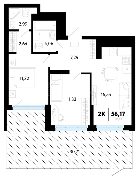 2-к квартира в новостройке, 56 кв.м., Калининский, ул Василия Малкова, 32