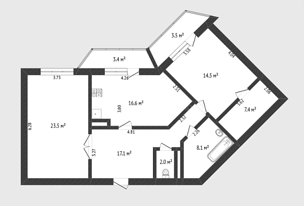 2-к квартира, 89 кв.м., улица Малыгина, 2
