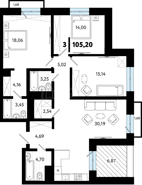 3-к квартира в новостройке, 105 кв.м., ул Бирюзова, 8