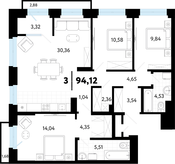 3-к квартира в новостройке, 94 кв.м., ул Бирюзова, 8