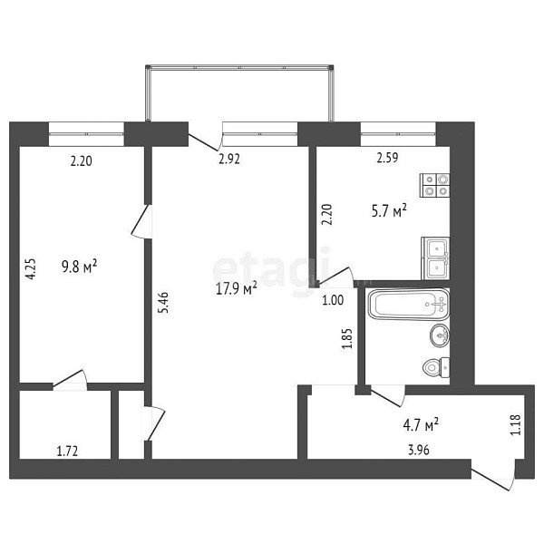 2-к квартира, 44 кв.м., улица Луначарского, 9