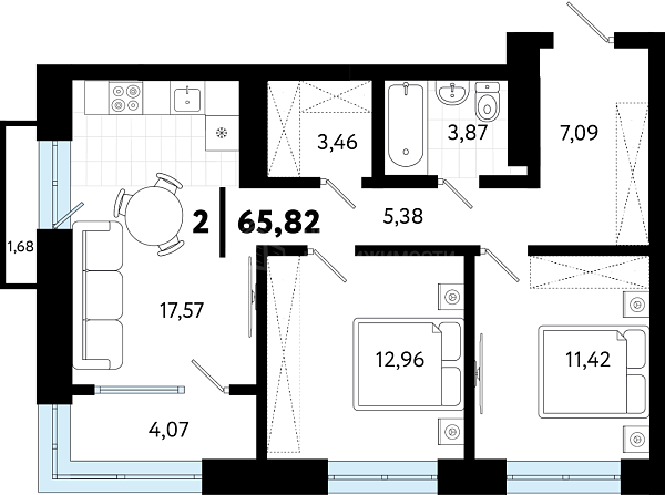 2-к квартира в новостройке, 65 кв.м., ул Бирюзова, 8