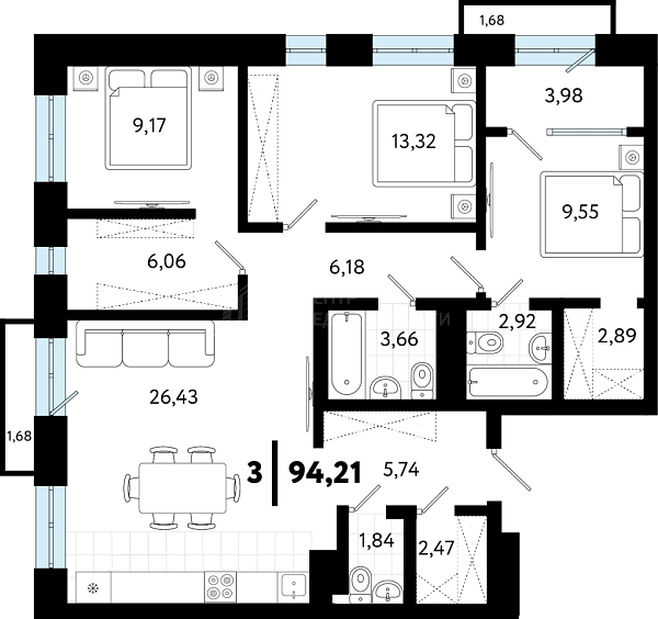 3-к квартира в новостройке, 94 кв.м., ул Бирюзова, 8