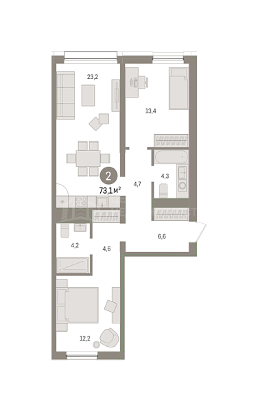 2-к квартира в новостройке, 73 кв.м., ул. Мысовская,  26, корпус 1