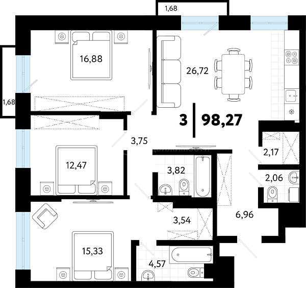 3-к квартира в новостройке, 98 кв.м., ул Малышева, 8