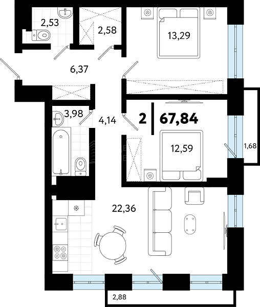 2-к квартира в новостройке, 67 кв.м., ул Бирюзова, 8