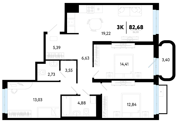 3-к квартира в новостройке, 82 кв.м., Калининский, ул Василия Малкова, 32