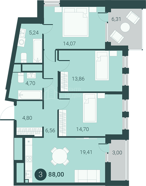 3-к квартира в новостройке, 92 кв.м., город Тюмень, Тюменская область