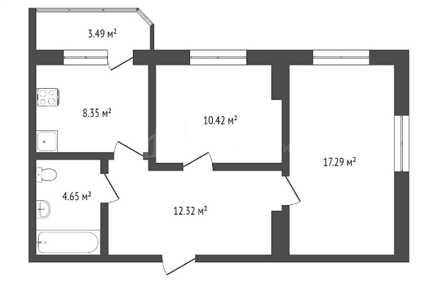 2-к квартира, 52 кв.м.