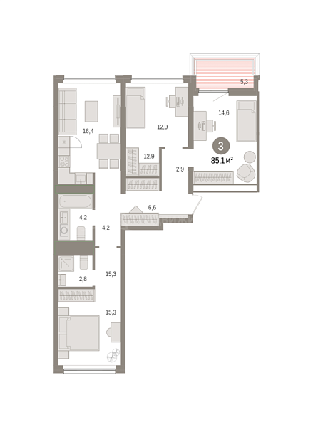 3-к квартира в новостройке, 85 кв.м., ул. Мысовская,  26, корпус 1