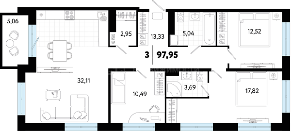 3-к квартира в новостройке, 97 кв.м., ул Ставропольская, 12