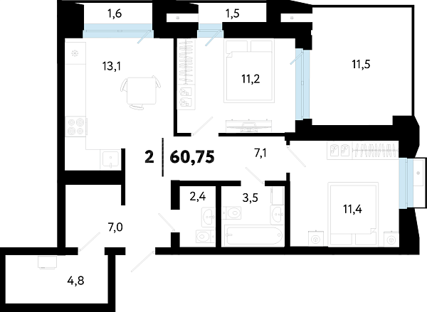 2-к квартира в новостройке, 60 кв.м., Ленинский, ул Судостроителей, 48