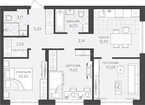 3-к квартира в новостройке, 62 кв.м., Сергея Свиридова, 13