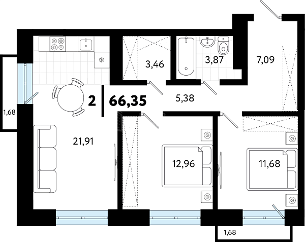 2-к квартира в новостройке, 66 кв.м., ул Бирюзова, 8