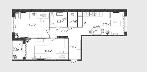 2-к квартира, 63 кв.м., улица Разведчика Кузнецова, 7