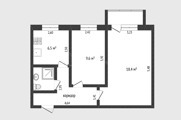 2-к квартира, 43 кв.м., улица Республики, 164