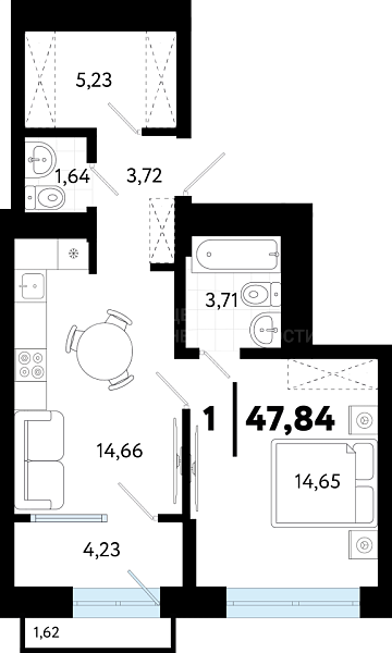 1-к квартира в новостройке, 47 кв.м., ул Бирюзова, 8