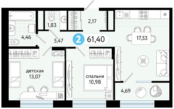 2-к квартира в новостройке, 61 кв.м., ул С. Джанбровского, 21