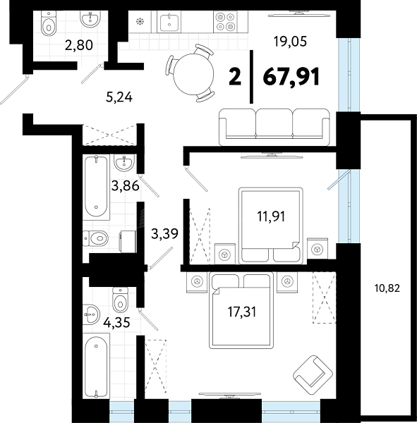 2-к квартира в новостройке, 67 кв.м., ул Бирюзова, 8