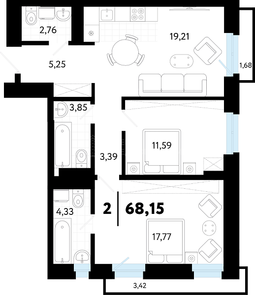 2-к квартира в новостройке, 68 кв.м., ул Бирюзова, 8