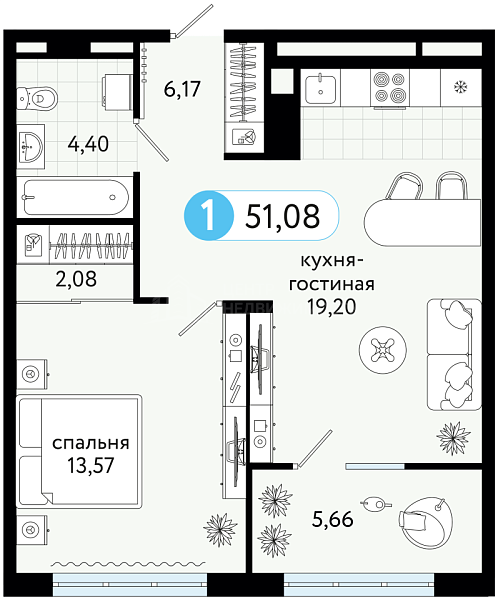 1-к квартира в новостройке, 51 кв.м., ул С. Джанбровского,  17, корпус 2