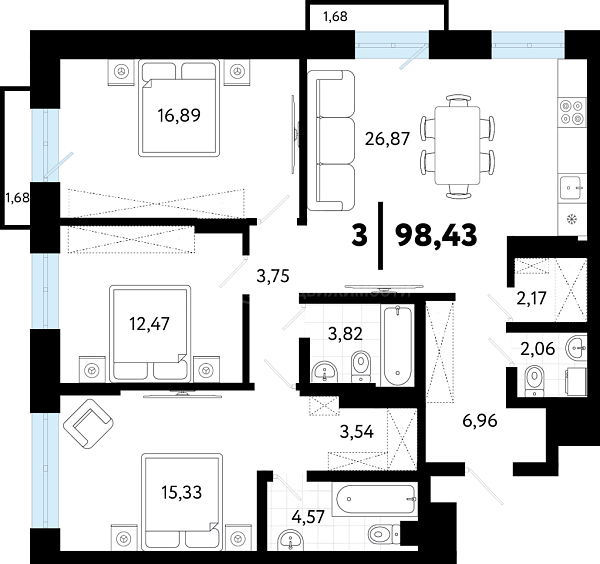 3-к квартира в новостройке, 98 кв.м., ул Малышева, 8