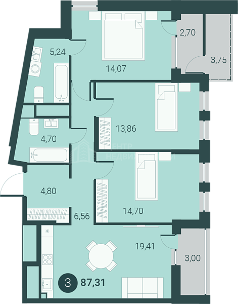 3-к квартира в новостройке, 92 кв.м., город Тюмень, Тюменская область