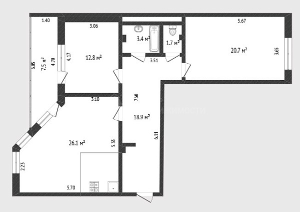 2-к квартира, 83 кв.м., улица Чернышевского, 2А