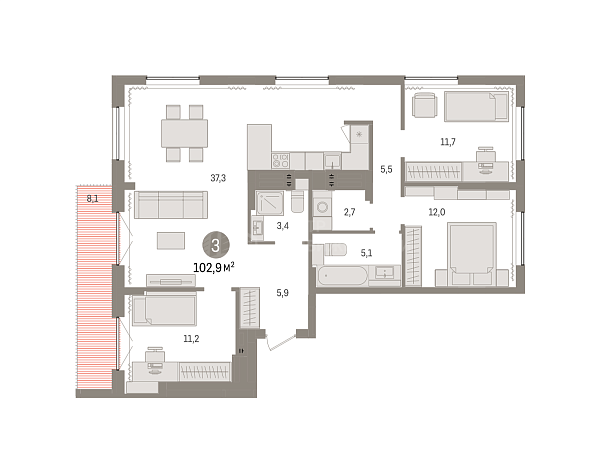 3-к квартира в новостройке, 102 кв.м., Калининский, ул. Тимирязева, д. 8 к1