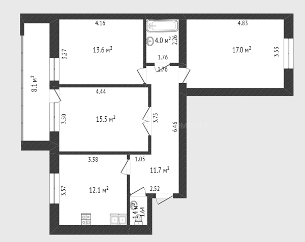 3-к квартира, 75 кв.м., улица Станислава Карнацевича, 14