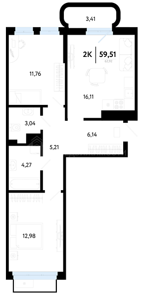 2-к квартира в новостройке, 59 кв.м., Калининский, ул Василия Малкова, 32