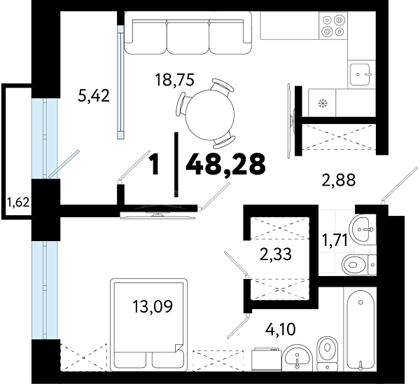 1-к квартира в новостройке, 48 кв.м., ул Бирюзова, 8