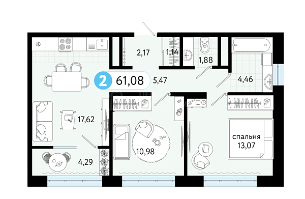 2-к квартира в новостройке, 61 кв.м., ул С. Джанбровского, 21