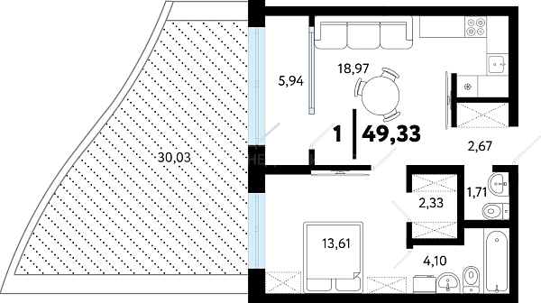 1-к квартира в новостройке, 49 кв.м., ул Бирюзова, 8
