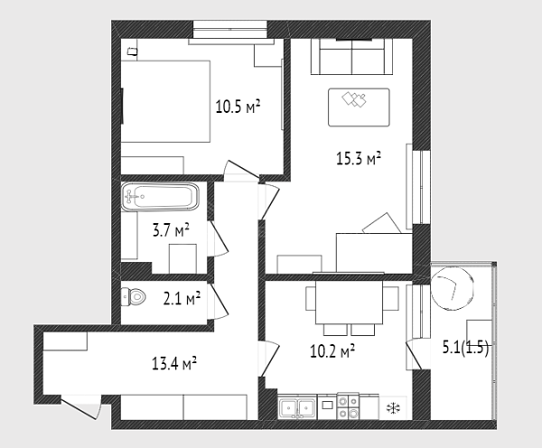 2-к квартира, 55 кв.м., Профсоюзная улица, 61