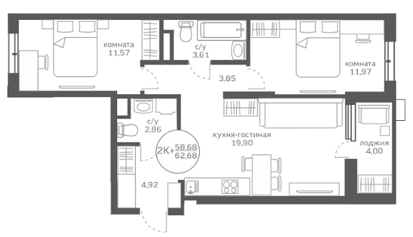 2-к квартира в новостройке, 58 кв.м., улица Петра Ершова, 10