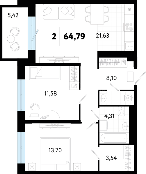 2-к квартира в новостройке, 64 кв.м., ул Ставропольская, 12