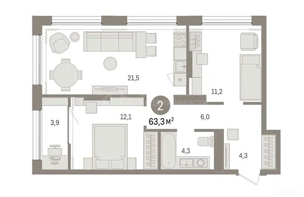 2-к квартира, 63 кв.м., Краснооктябрьская улица, 4
