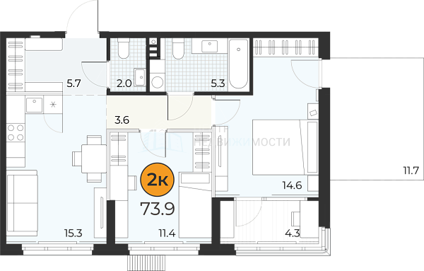 2-к квартира в новостройке, 73 кв.м., Тюмень,  Федюнинского, 20 ст1 стр