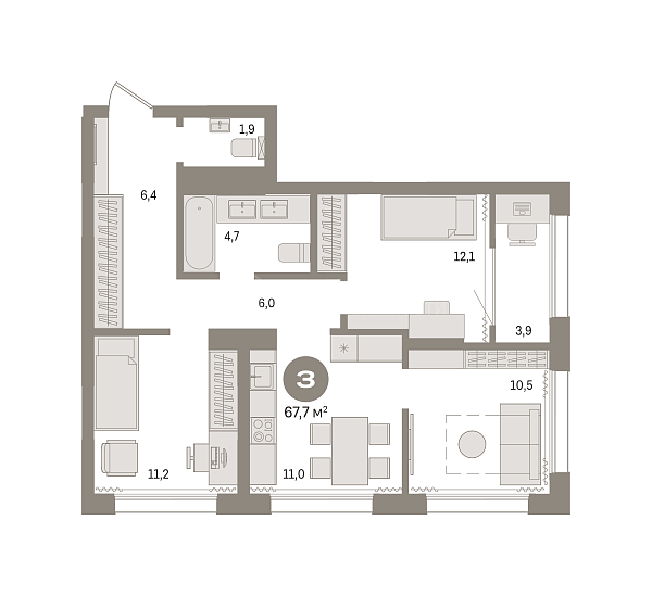 2-к квартира в новостройке, 67 кв.м.