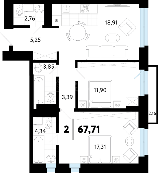 2-к квартира в новостройке, 67 кв.м., ул Бирюзова, 8