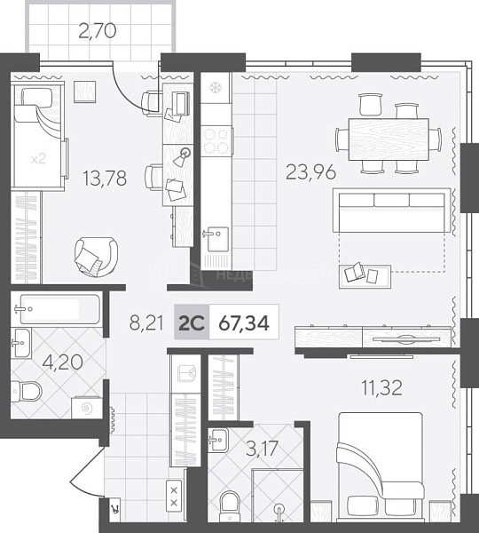 2-к квартира в новостройке, 67 кв.м., Сергея Свиридова,  11, к2