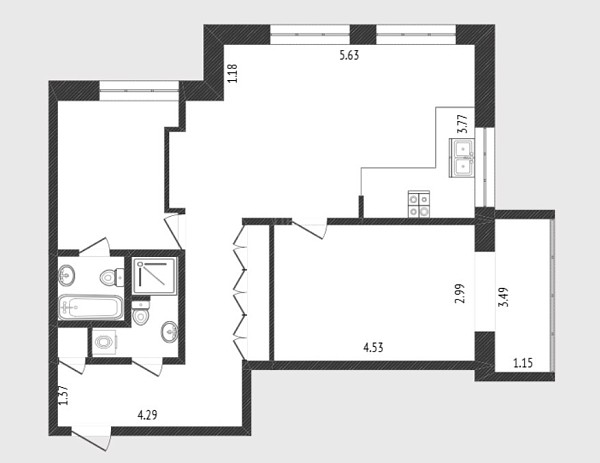 2-к квартира, 60 кв.м.