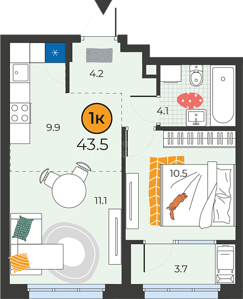 1-к квартира в новостройке, 43 кв.м., Тюмень