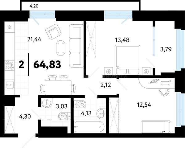 2-к квартира в новостройке, 64 кв.м., ул Бирюзова, 8