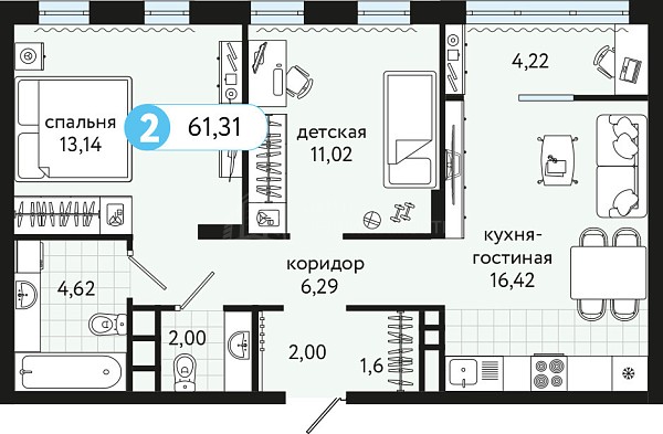 2-к квартира в новостройке, 61 кв.м., улица Сергея Джанбровского, 19