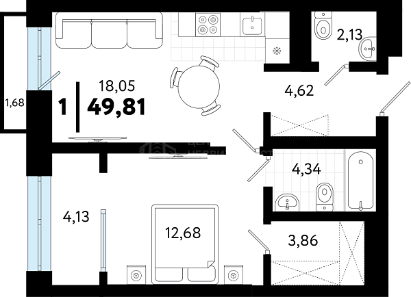 1-к квартира в новостройке, 49 кв.м., ул Бирюзова, 8