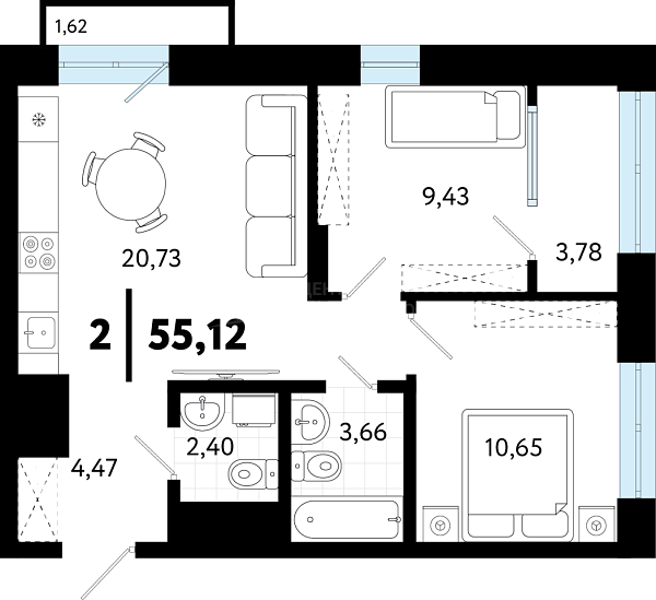 2-к квартира в новостройке, 55 кв.м., ул Бирюзова, 8